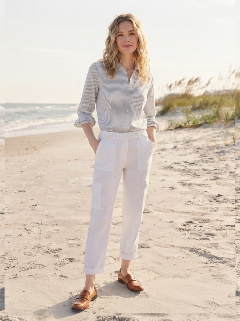 WHITE Linen Utility High Waist Pants